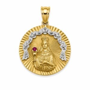 4d15e180-d806-4bbe-0e22-08dee9c5d18a.jpg Dije Virgen Santa Barbara Circulo Medio CZ YF 10k Weight 4.3gr