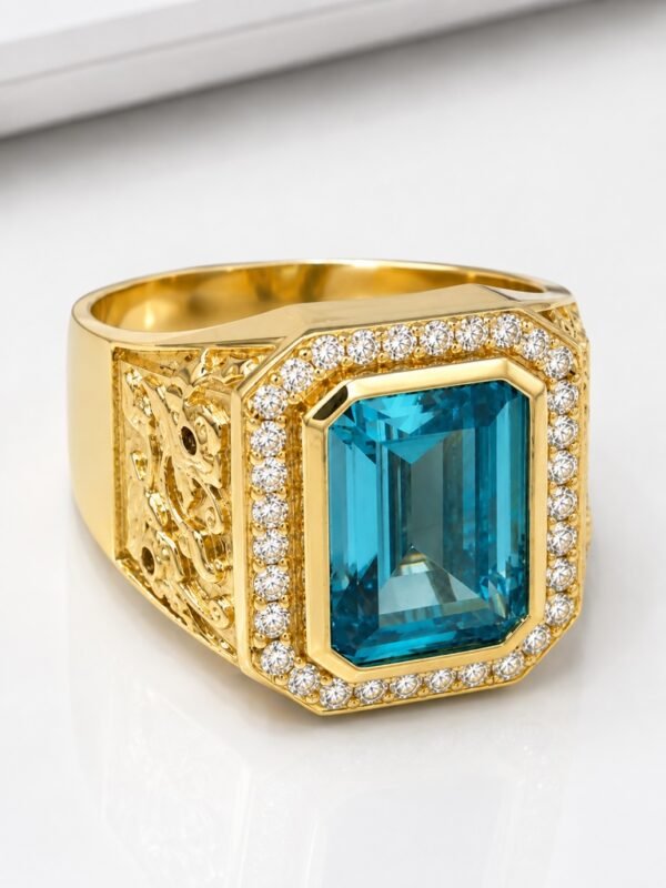 Anillo Hombre Piedra Azul Rectangular Pave CZ 10k Size 12 Weight 12gr