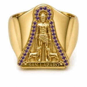 88043ca5-079e-4baa-6077-08def2f21793.jpg Anillo Hombre San Lazaro Borde Morado Diseno CZ 10k Rose 10k Size 10 Weight 5gr