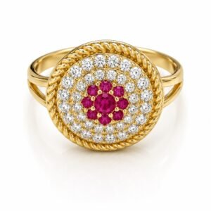 Anillo Sello Flor Rosada Zircon  14K Size 9 Weight 4.4gr