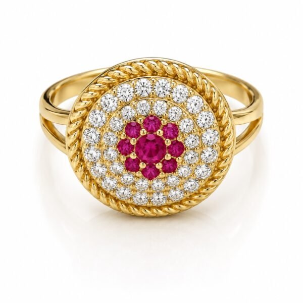 Anillo Sello Flor Rosada Zircon  14K Size 9 Weight 4.4gr
