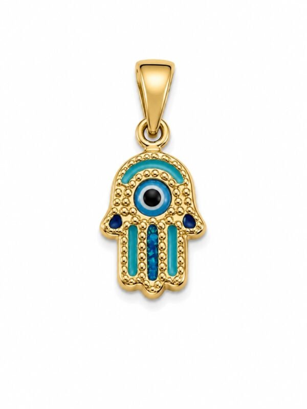 Dije Mano Fatima Azul 14k Weight 0.6gr
