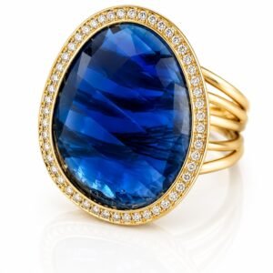 Anillo Fancy Chunky Azul Borde Pave 14k Size 9.5 Weight 10.3gr