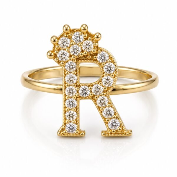 Anillo Letra R Corona pave 14k Weight 2.2gr Size 7.5