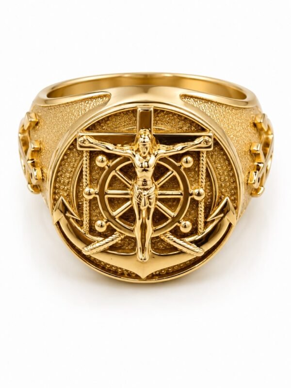 Anillo Hombre Ancla Crucifijo Solido 14k Size 14'' Weight 18.6gr