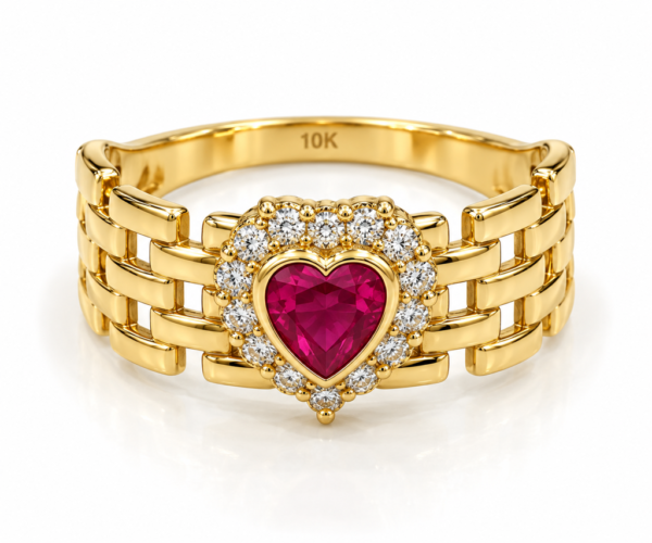 Anillo Corazon Rubi Borde Geometrico 10K Size 8 Weight 2.7gr