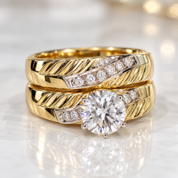 Anillo Duo Matrimonio Chunky Diagonal Pave CZ 10K Size 8 Weight 6gr K76624D