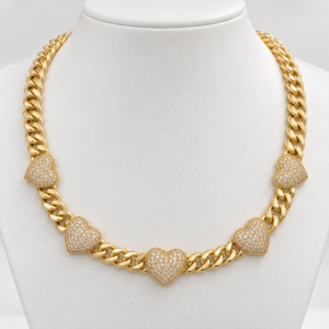 Gargantilla Cuban Link Hollow 4 Corazones Full CZ 14K Size 16 Weight 28gr