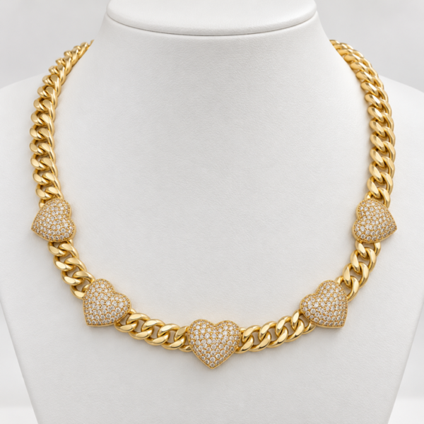 Gargantilla Cuban Link Hollow 4 Corazones Full CZ 14K Size 16 Weight 28gr