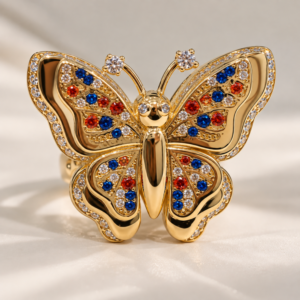 7141030e-d96d-44d9-20f3-08df1dd5e0a9.png Anillo Mariposa Fancy Colores Naranja y Azul 10K Joseph 10k Size 7 Weight 6gr