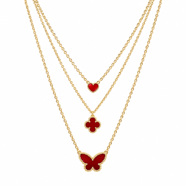 Cadena Triple Corazon, Flor y Mariposa 14k Size +16'' Weight 4.7gr